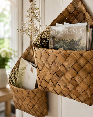 Natural Chipwood Hanging Wall Baskets with Jute Loops, Set of 2