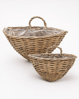 Whitewashed Wicker Wall Baskets with Liners, Set of Two