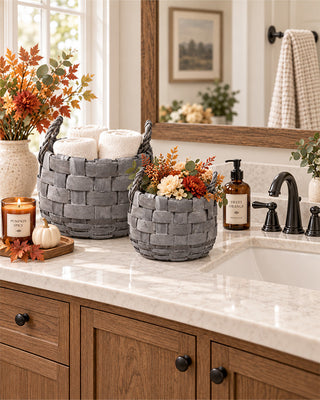 Rustic Gray Woven Basket with Rope Handles, Set of 2