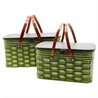 Metal woven storage basket green brown finish set of 2