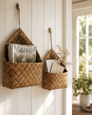 Natural Chipwood Hanging Wall Baskets with Jute Loops, Set of 2
