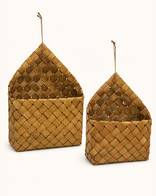Natural Chipwood Hanging Wall Baskets with Jute Loops, Set of 2