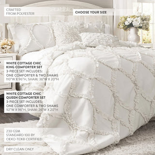  Close-up of white ruffled comforter showing 3-piece set details including king and queen sizing information with OEKO-TEX certification