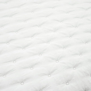 Detailed close-up of quilted fabric pattern on white ruffle bedding
