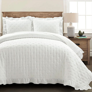 White Reyna Ruffle Quilt bedding set with matching shams