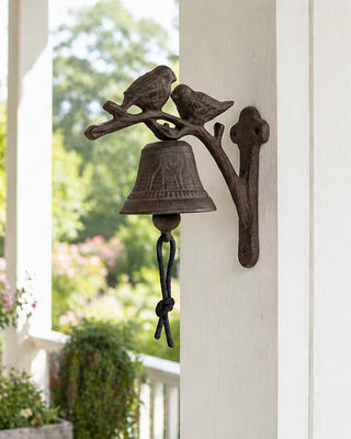 Rustic metal garden bell with two birds on branch design