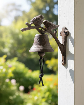 Wall-mounted bird bell on farmhouse entryway exterior