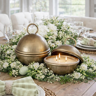 Brass cloche candles centerpiece spring dining table