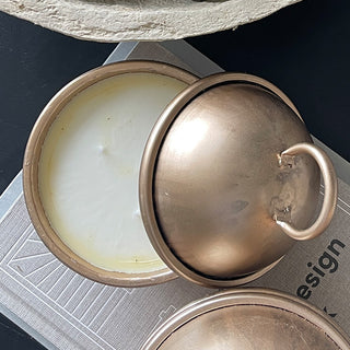 Brass cloche candle with lid open detail