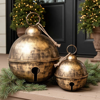 Oversized Bronze Metal Jingle Bells with Rope Handles, Set of Two