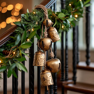 Rustic Antique Gold Jingle Bell Cluster on Natural Rope
