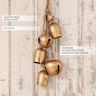 Rustic Antique Gold Jingle Bell Cluster on Natural Rope
