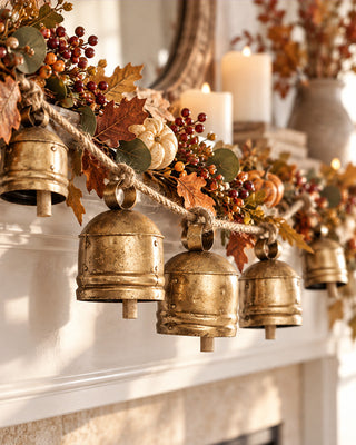 Metal Bell Garland on Jute Rope | 7 Vintage Brass Bells Wall Decor