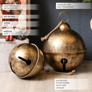 Oversized Bronze Metal Jingle Bells with Rope Handles, Set of Two