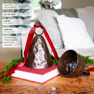 Distressed Bronze Hammered Metal Bells with Ring Handles, Set of 2