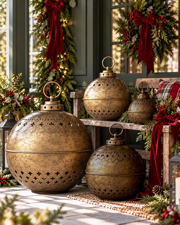Oversized Pierced Brass-Finish Jingle Bells, Set of 4