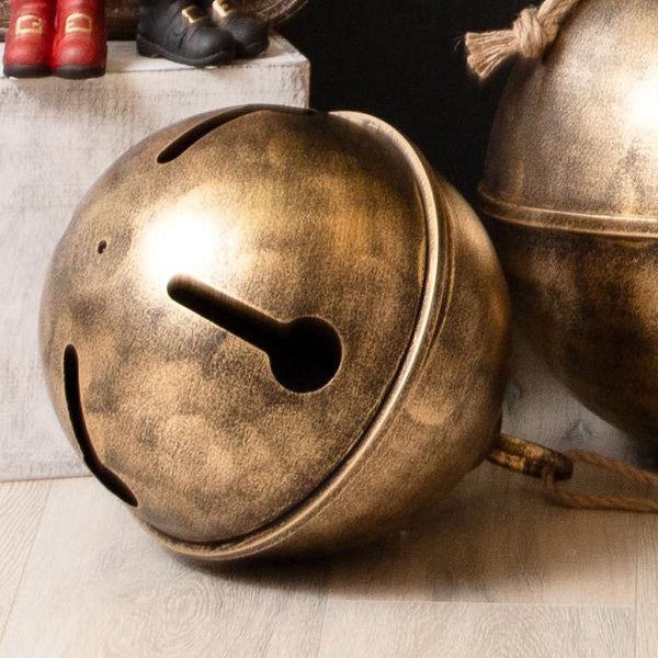 Oversized Bronze Metal Jingle Bells with Rope Handles, Set of Two