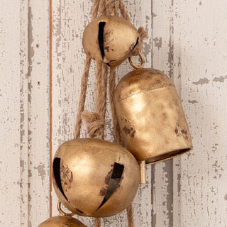Rustic Antique Gold Jingle Bell Cluster on Natural Rope