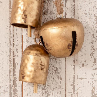 Rustic Antique Gold Jingle Bell Cluster on Natural Rope