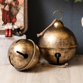 Oversized Bronze Metal Jingle Bells with Rope Handles, Set of Two