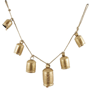 Distressed Gold Metal Bell Garland on Jute Rope - 6 Bells Farmhouse Wall Decor