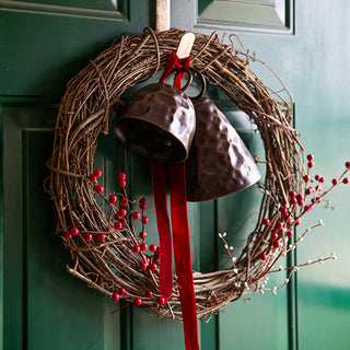 Distressed Bronze Hammered Metal Bells with Ring Handles, Set of 2