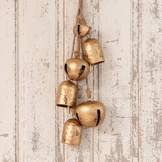 Rustic Antique Gold Jingle Bell Cluster on Natural Rope