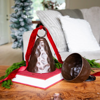 Distressed Bronze Hammered Metal Bells with Ring Handles, Set of 2