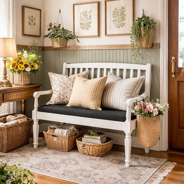 Vintage-Inspired Wooden Bench with Upholstered Seat