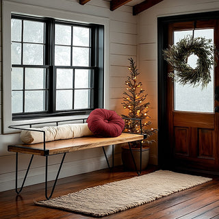 Industrial Mango Wood Bench with Hairpin Iron Legs and Lumbar Pillow