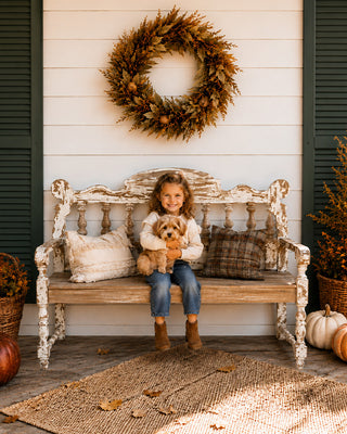 Distressed White Wood Spindle Bench with Arms | Indoor/Outdoor