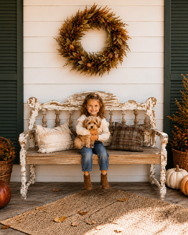 Distressed White Wood Spindle Bench with Arms | Indoor/Outdoor