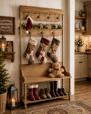 Entryway Shelf with Shoe Bench Pine Wood Metal 7 Hooks 72 Inch Tall