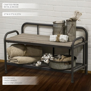 charcoal metal bench with wood slat top and shelf
