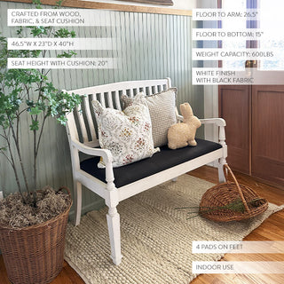 Rustic white wooden bench with cushions and specs overlay