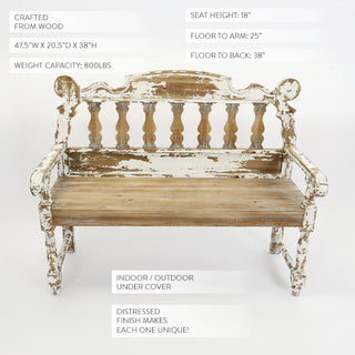 Wooden bench with white distressed finish on a white background