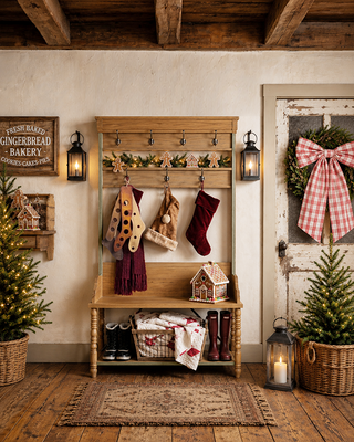 Entryway Shelf with Shoe Bench Pine Wood Metal 7 Hooks 72 Inch Tall