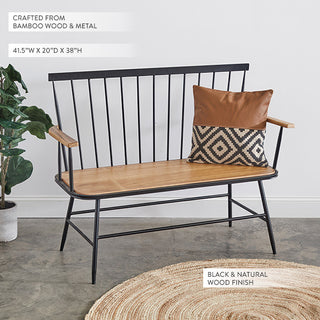 Black metal frame bamboo entryway bench with spindle back showing natural wood finish and decorative throw pillows - 41.5 inch wide dining bench