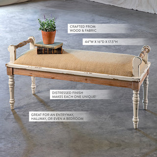 Distressed wood hallway bench with fabric seat