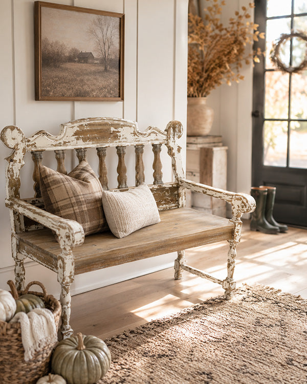 Distressed White Wood Spindle Bench with Arms | Indoor/Outdoor
