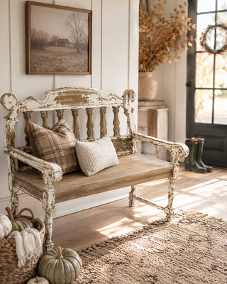 Distressed White Wood Spindle Bench with Arms | Indoor/Outdoor