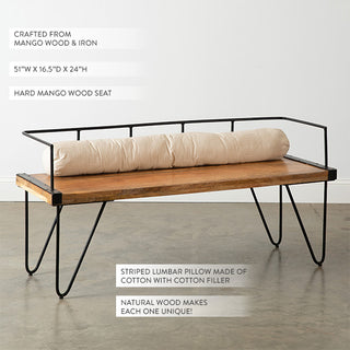Industrial Mango Wood Bench with Hairpin Iron Legs and Lumbar Pillow