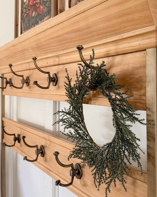 Entryway Shelf with Shoe Bench Pine Wood Metal 7 Hooks 72 Inch Tall