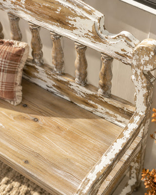 Distressed White Wood Spindle Bench with Arms | Indoor/Outdoor