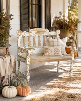 Distressed White Wood Spindle Bench with Arms | Indoor/Outdoor