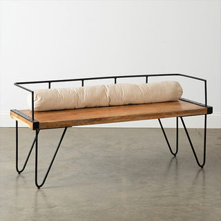 Industrial Mango Wood Bench with Hairpin Iron Legs and Lumbar Pillow