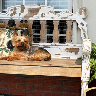 Distressed White Wood Spindle Bench with Arms | Indoor/Outdoor