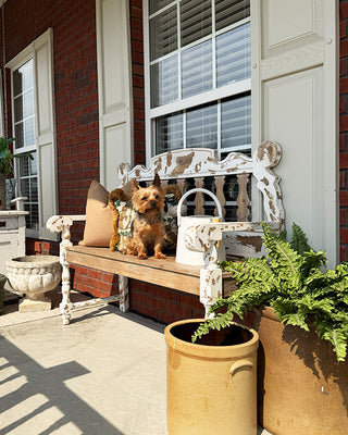 Distressed White Wood Spindle Bench with Arms | Indoor/Outdoor