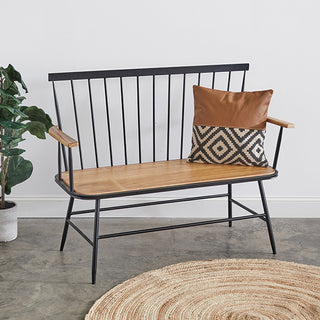 Full view of 41.5 inch bamboo spindle back bench with black metal frame and natural wood finish for entryway or dining room