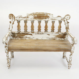 Distressed White Wood Spindle Bench with Arms | Indoor/Outdoor